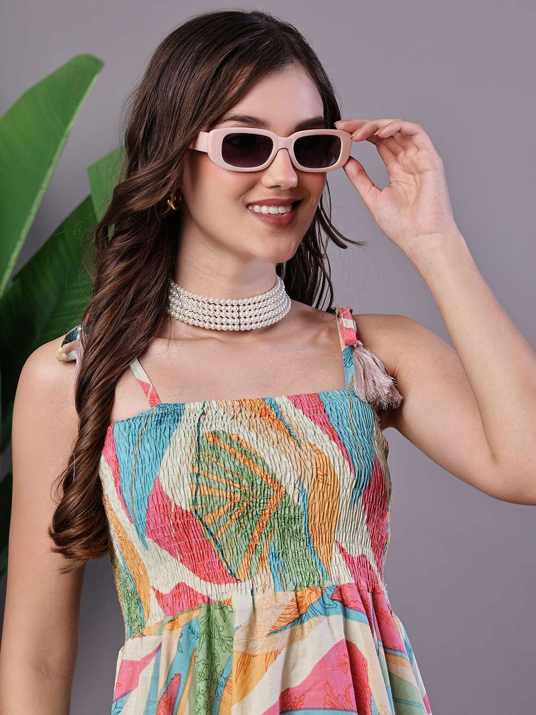 Women's Multicolor Printed Cotton Handkerchief Hem Dress Midi Dresses - Image 4