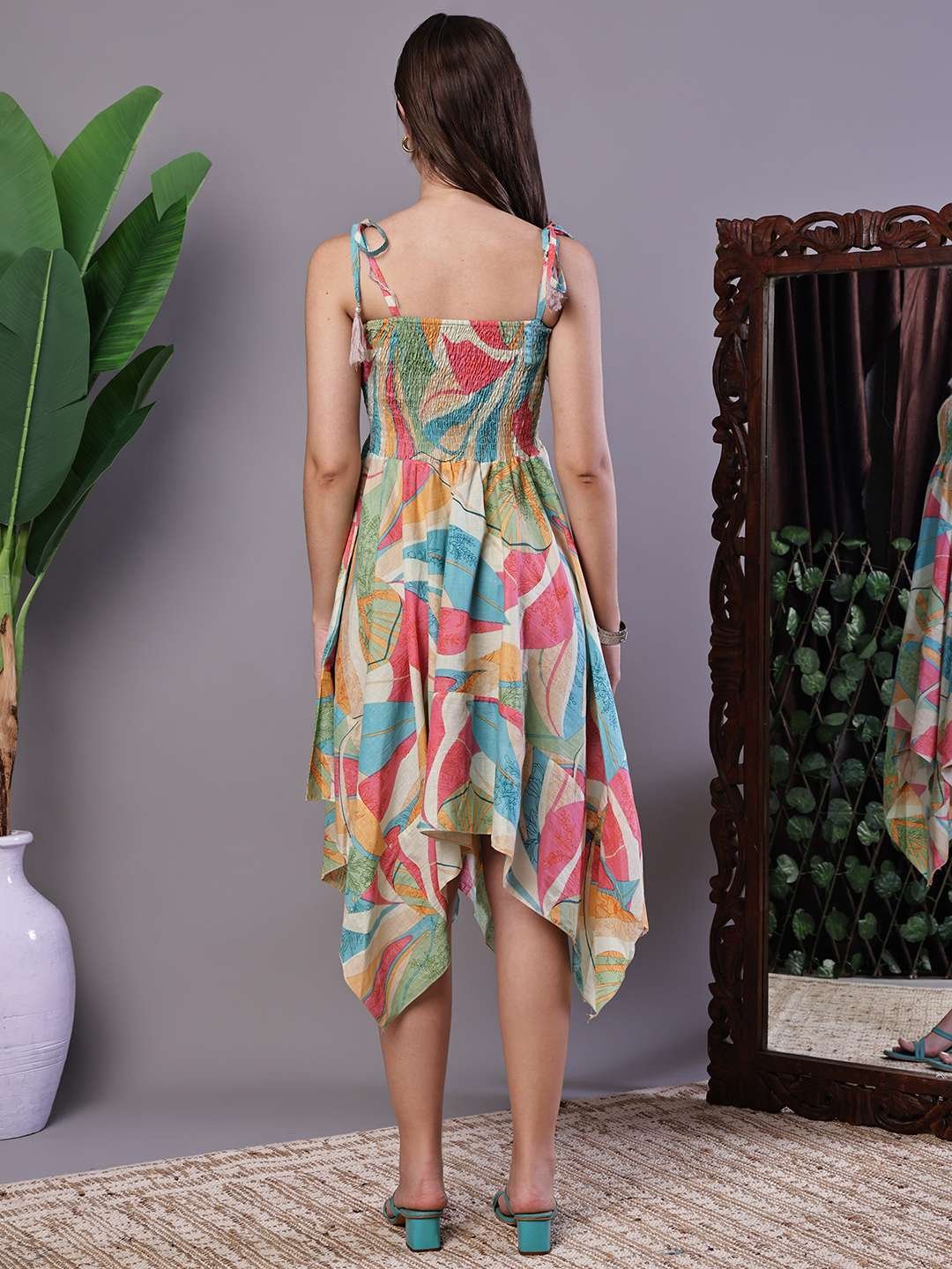 Women's Multicolor Printed Cotton Handkerchief Hem Dress Midi Dresses - Image 2
