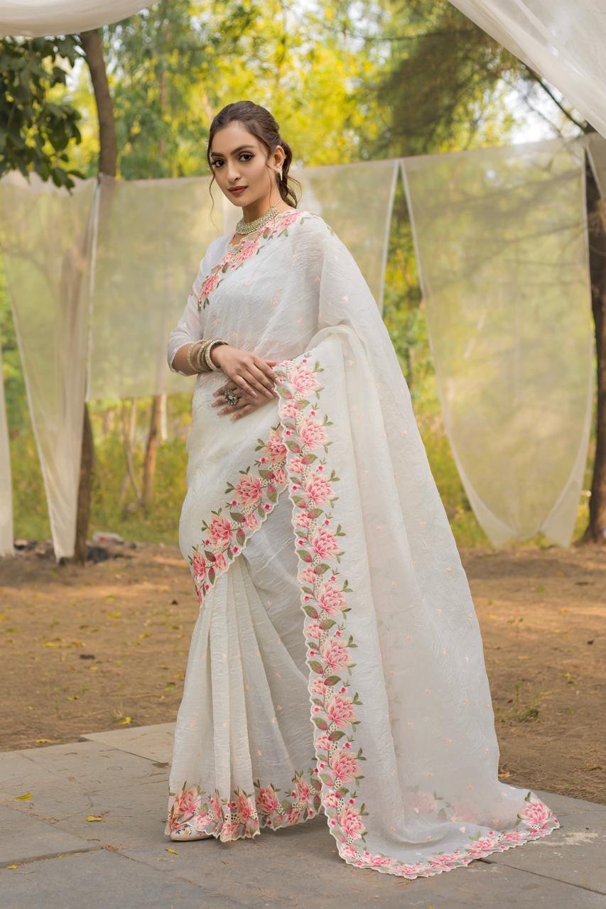 Women's Pristine White Organza Saree with Exquisite Pink & Green Floral Thread Embroidery – Complete with Matching Embroidered Blouse for Festive & Summer Wear - Image 4