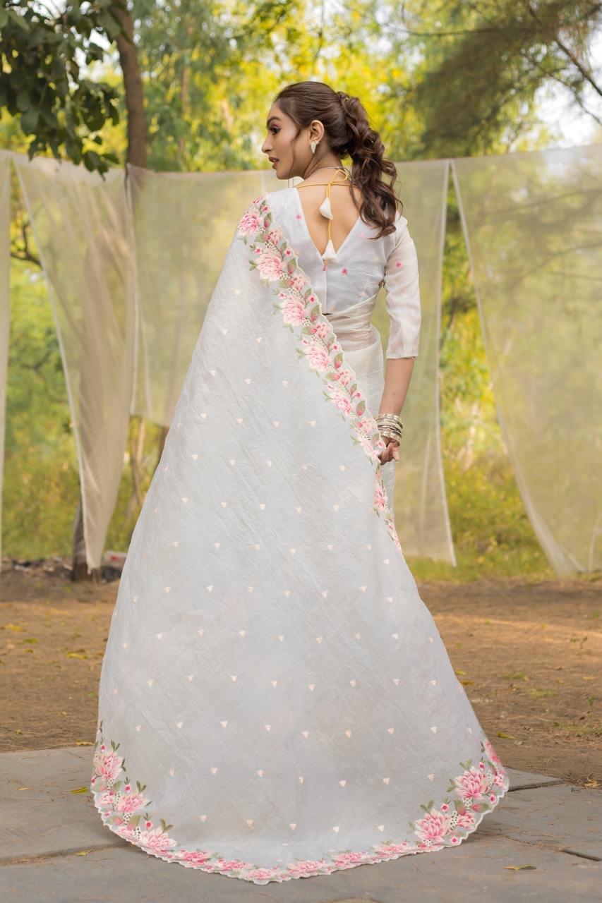 Women's Pristine White Organza Saree with Exquisite Pink & Green Floral Thread Embroidery – Complete with Matching Embroidered Blouse for Festive & Summer Wear - Image 3