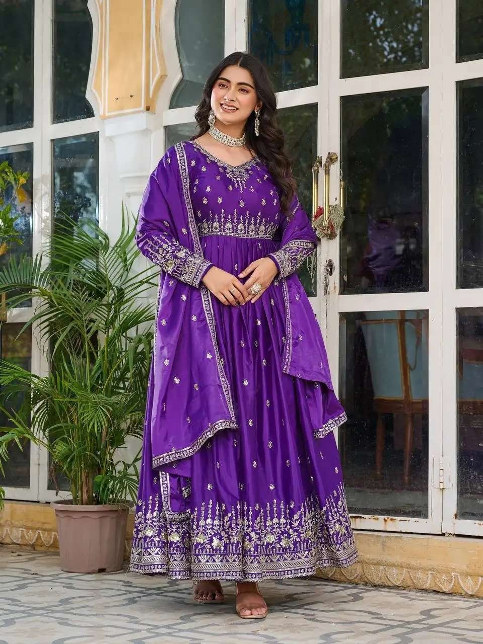 Women's American Silk Sequence Embroidery Long Anarkali Kurti (Gown) With Dupatta - Image 8