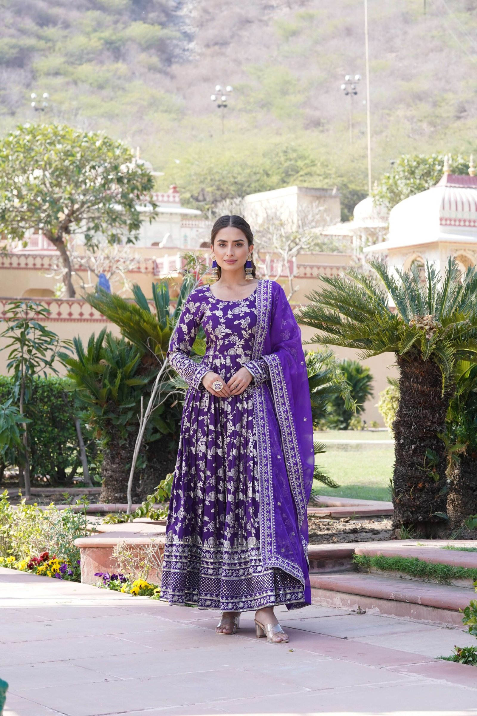 Purple Viscose Dyable Jacquard Gown with Russian Silk Sequined Dupatta ? Elegant Party & Wedding Set
